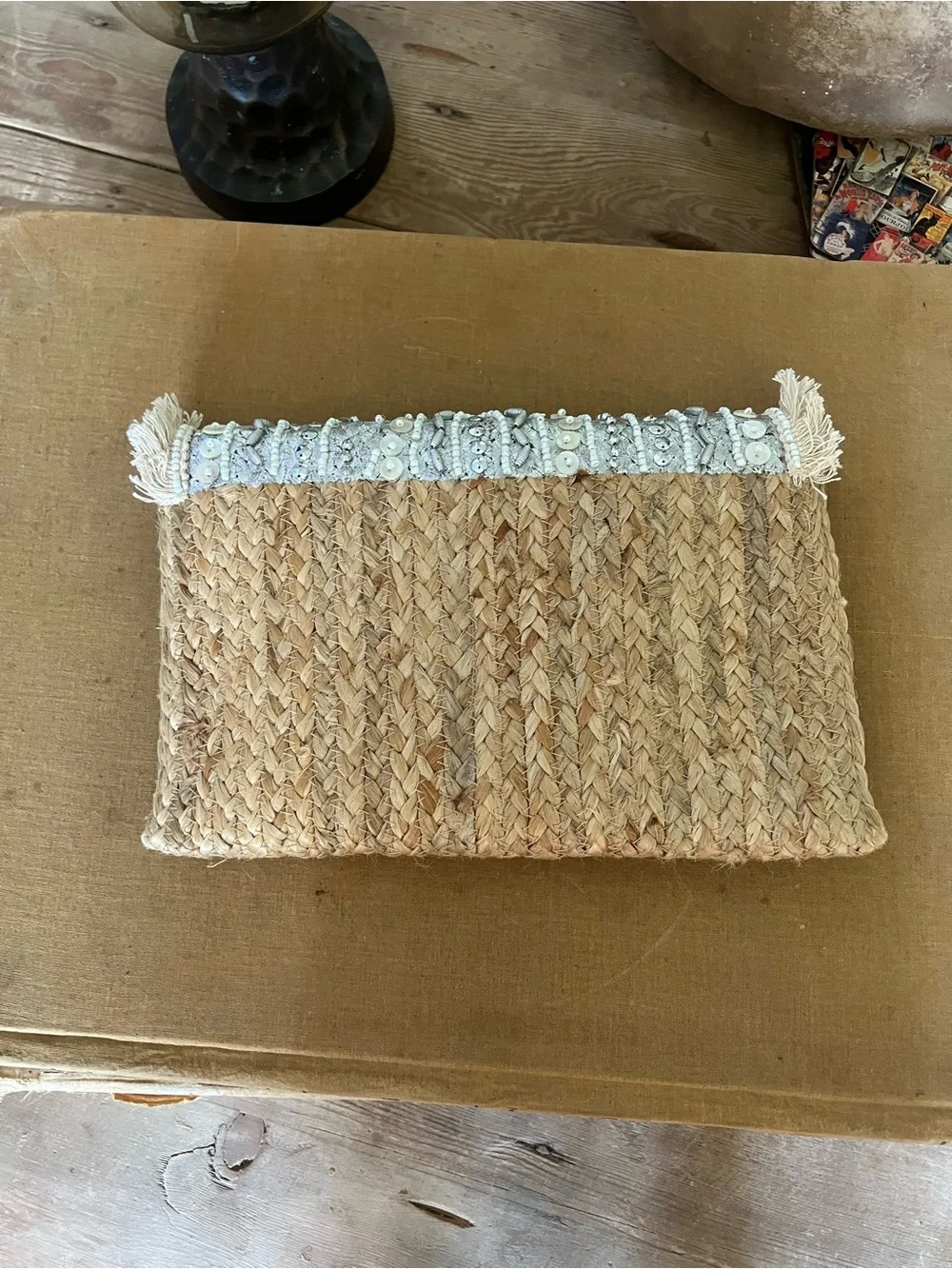 Tolani Natural Straw Clutch with Cream Embroidered Fringe Flap